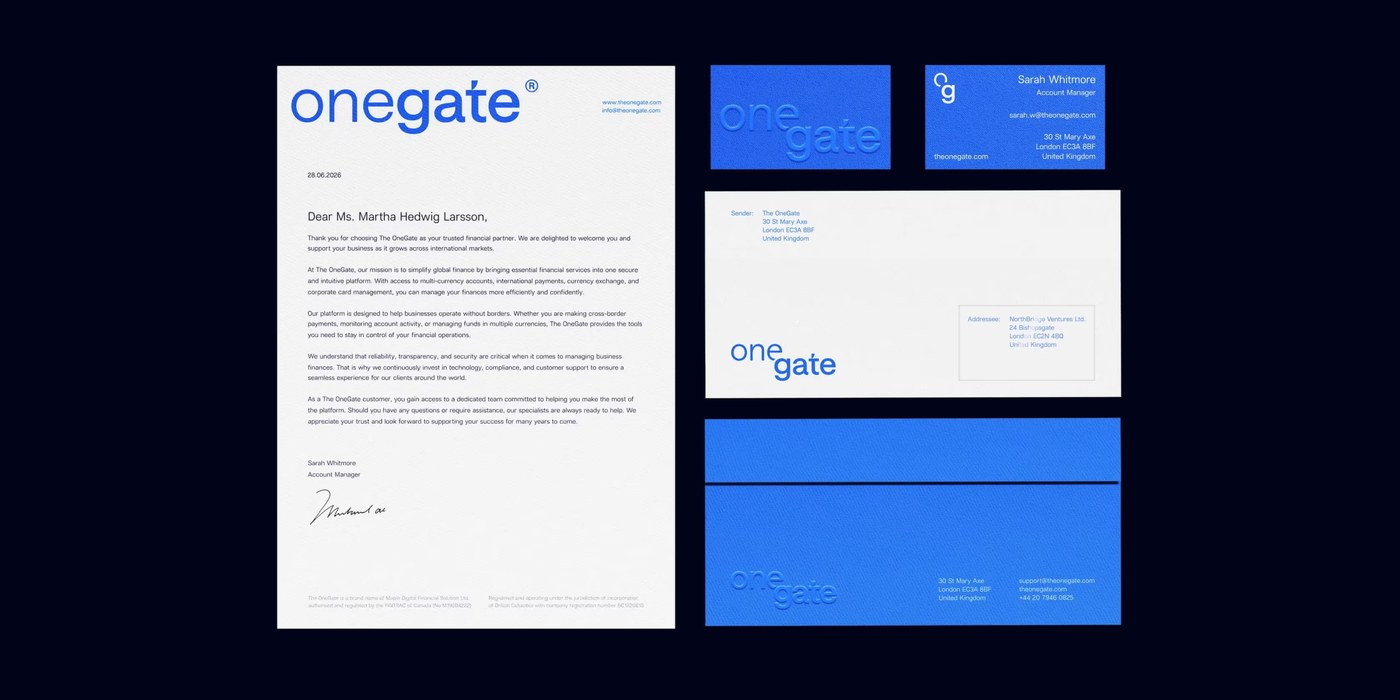 Corporate stationery suite including letterhead, blind debossed business cards, and presentation folders