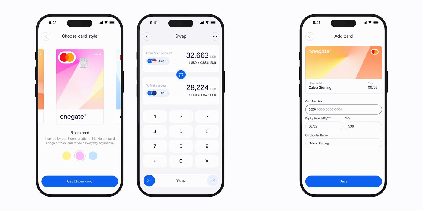Three iOS mobile screens showcasing card selector with Bloom gradient, currency swap keypad, and card issuance form