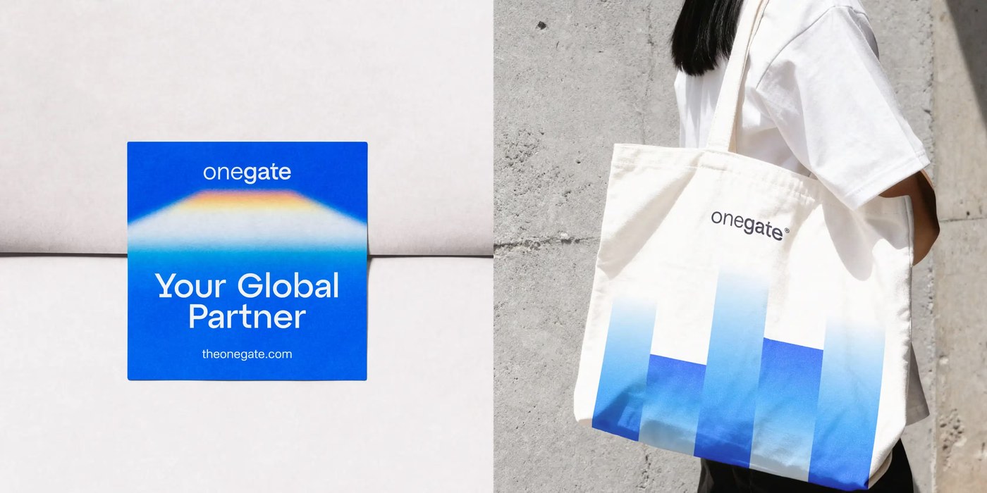 Architectural stainless steel office signage plate alongside silkscreened gradient canvas tote bag