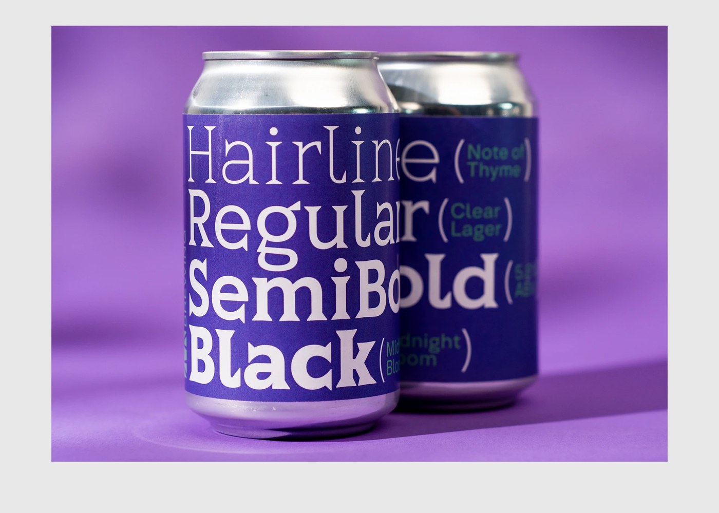 Beer can packaging detail featuring Thorn Serif typography font weights Hairline to Black