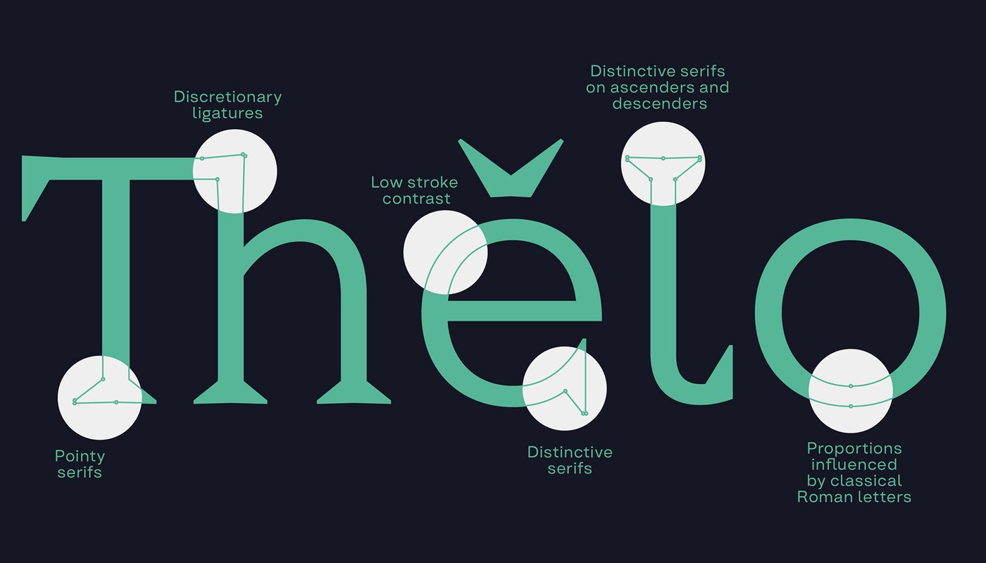 Typographic letter anatomy breakdown of Thorn Serif typography showing serifs and stroke contrast