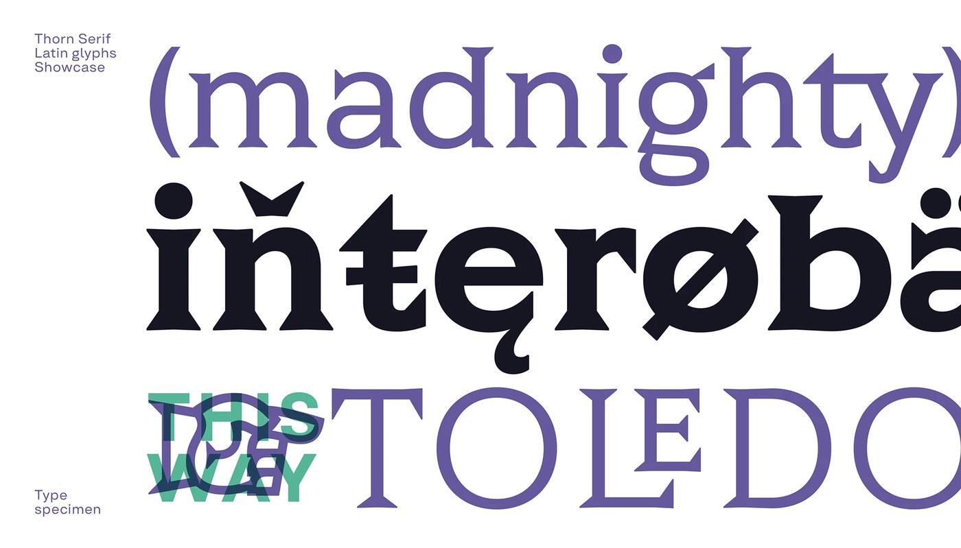 Latin glyphs and diacritics showcase specimen in Thorn Serif variable typography