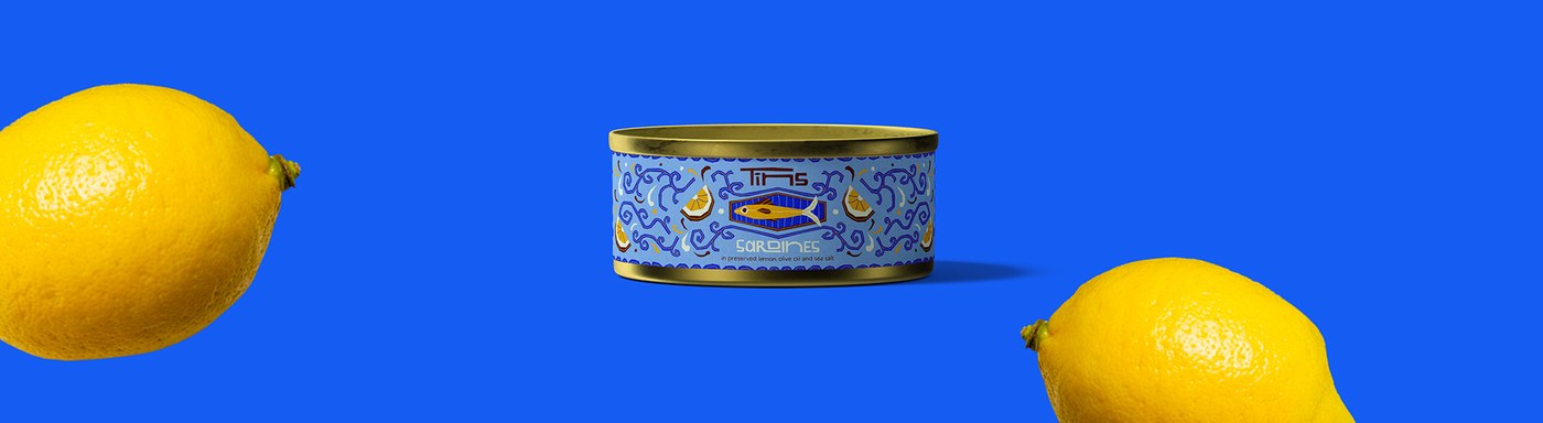 Sardine tin can packaging design on royal blue with fresh lemons by Deoné Rabé