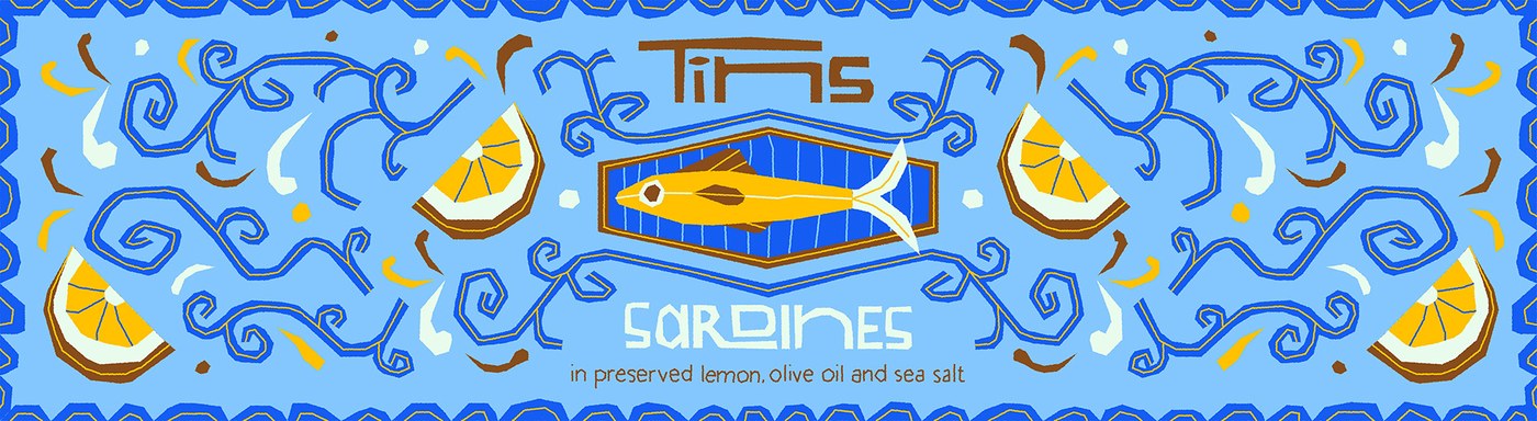 Illustrated sardine can front label packaging design with lemon slices by Deoné Rabé