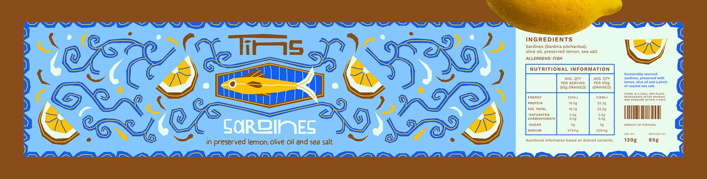 Wrap-around sardine label packaging design with nutritional panel by Deoné Rabé