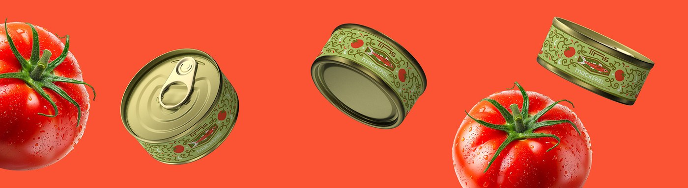Mackerel tin can packaging design on coral red with garden tomatoes by Deoné Rabé