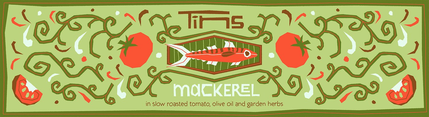 Illustrated mackerel can front label packaging design with vine scrolls by Deoné Rabé