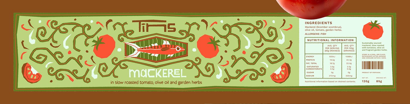 Wrap-around mackerel label packaging design with ingredient typography by Deoné Rabé
