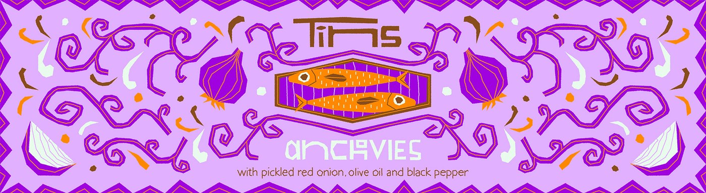 Illustrated anchovy can front label packaging design with red onions by Deoné Rabé