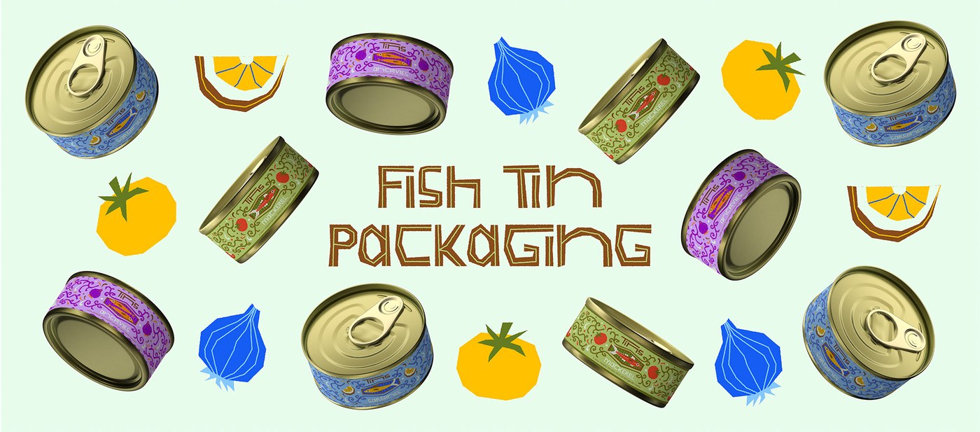 Tins canned seafood packaging design collection with floating tins by Deoné Rabé