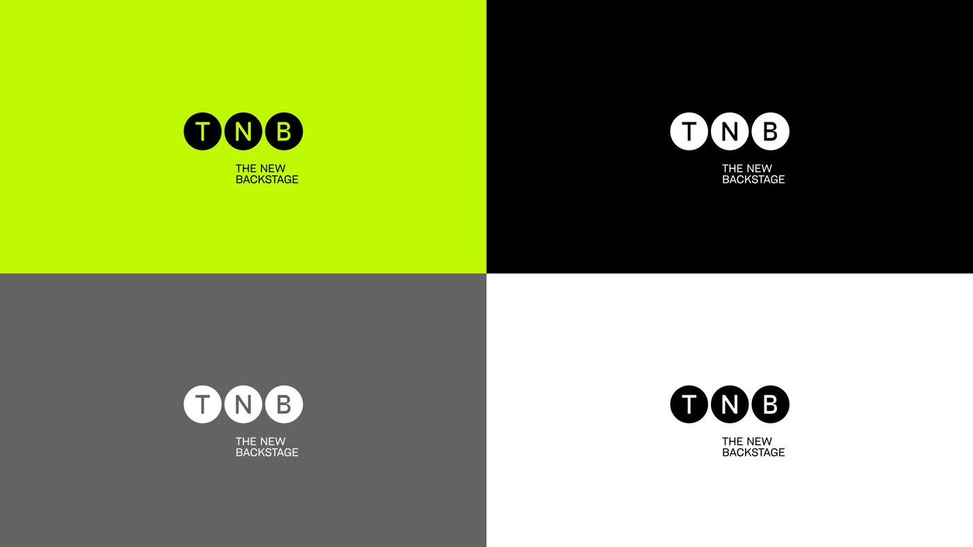 TNB brand identity 4-quadrant spotlight logo lockup matrix across Pantone 2297 C and black