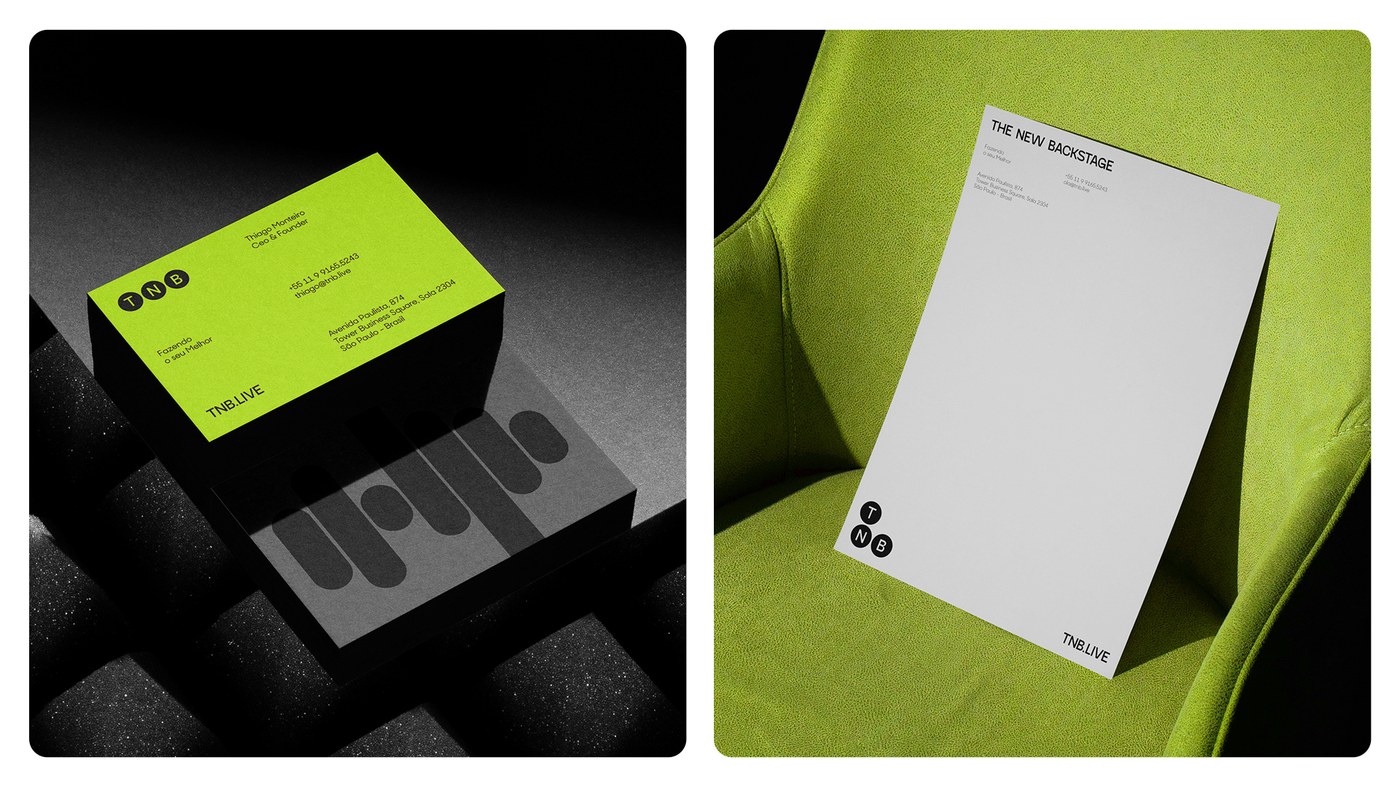 TNB brand identity edge-painted acid lime business cards in spot UV box beside letterhead