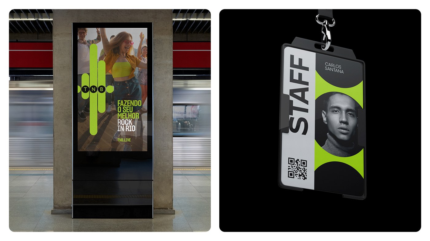 TNB brand identity Rock in Rio digital subway poster and acrylic backstage staff credential badge