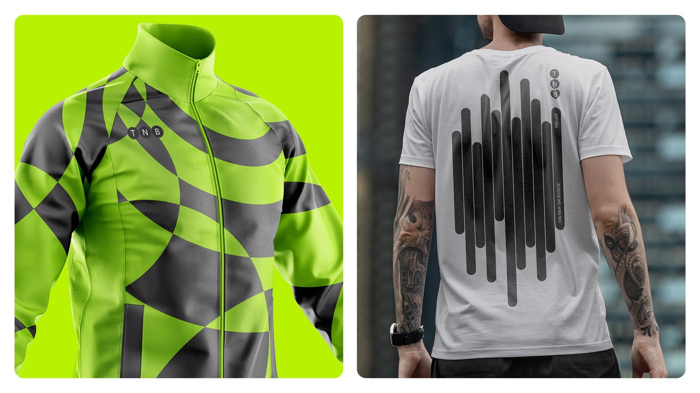 TNB brand identity production crew athletic track jacket and staff t-shirt with spine waveform