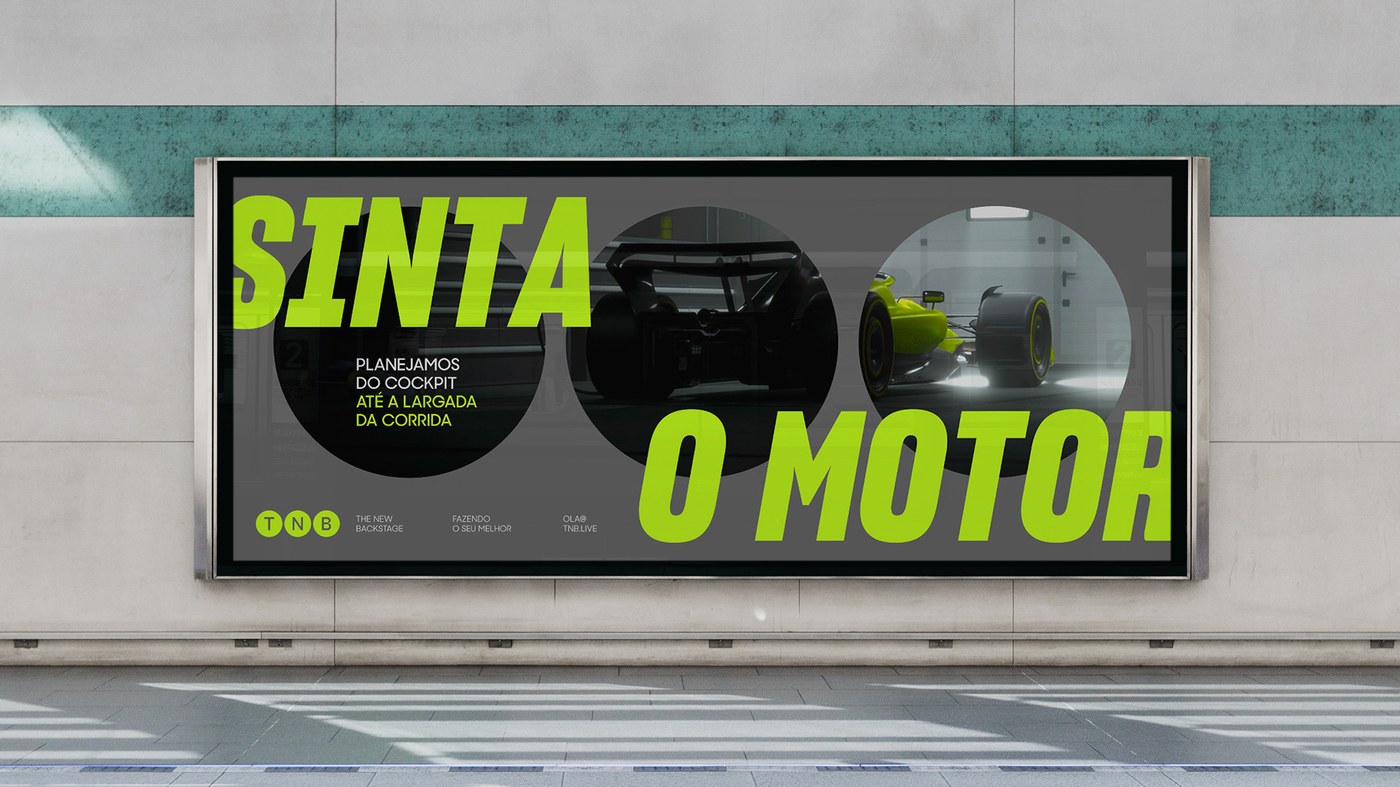 TNB brand identity Formula 1 trackside billboard framing racecar through circular spotlight windows