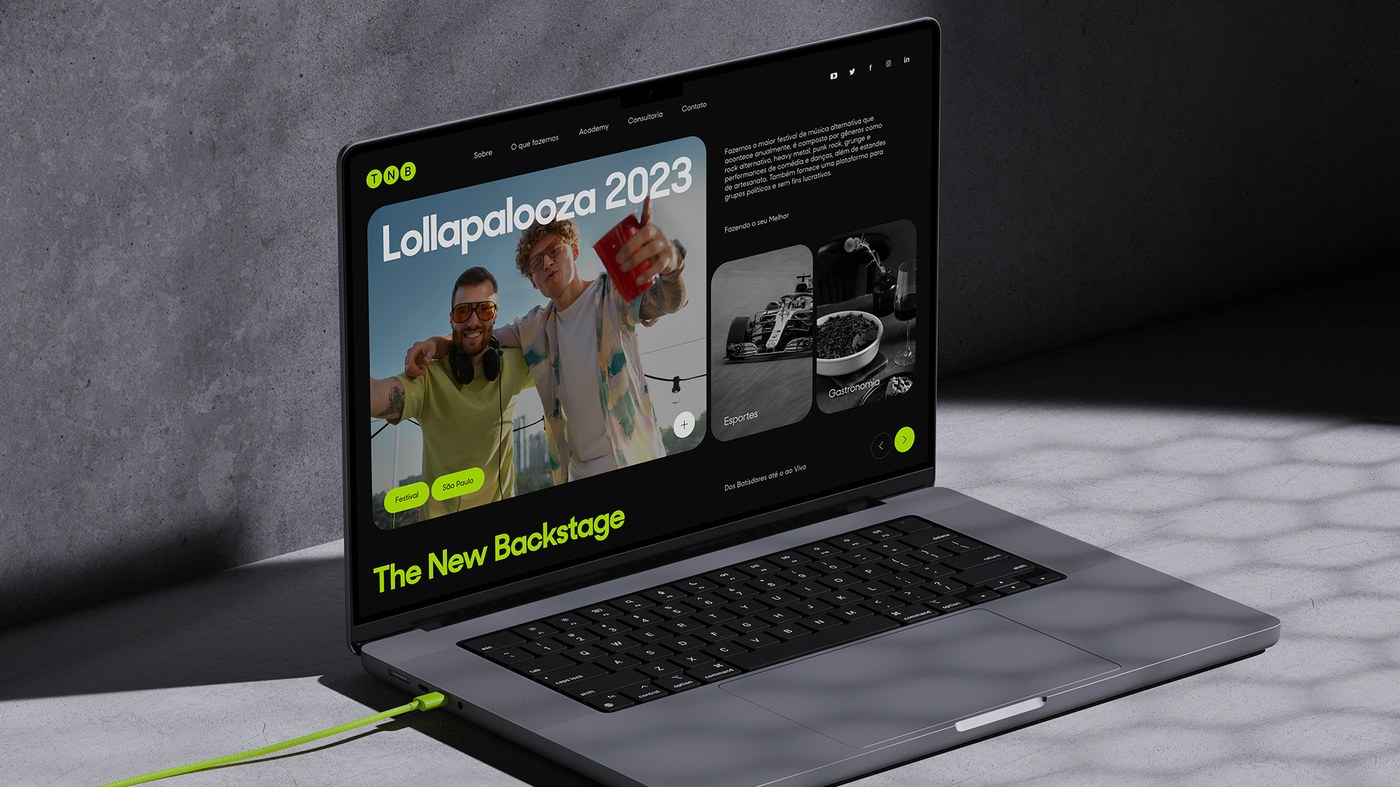 TNB brand identity event management platform on MacBook Pro with custom acid lime braided cable