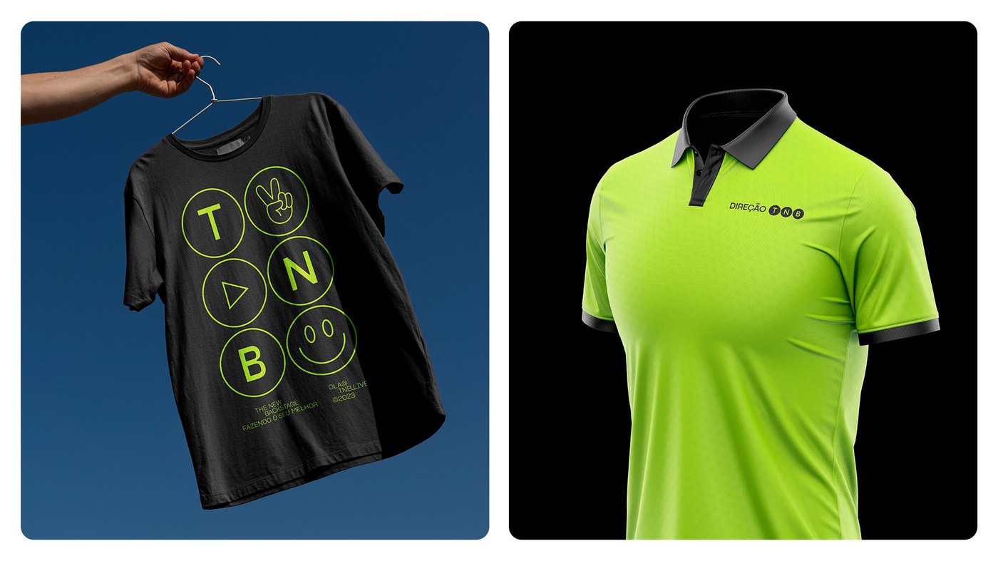 TNB brand identity screenprinted graphic t-shirt and neon acid lime staff polo shirt with collar embroidery