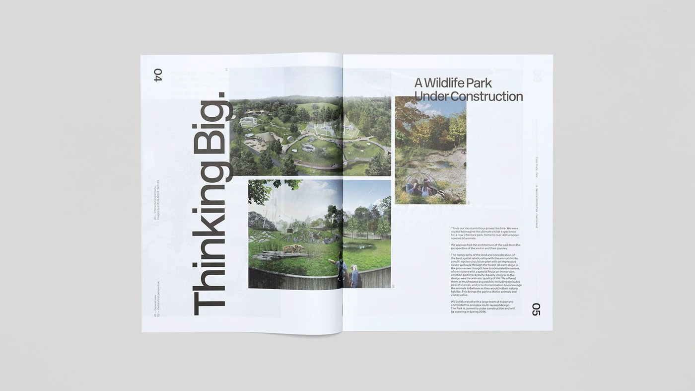 Trace Magazine editorial design spread featuring wildlife park scenography
