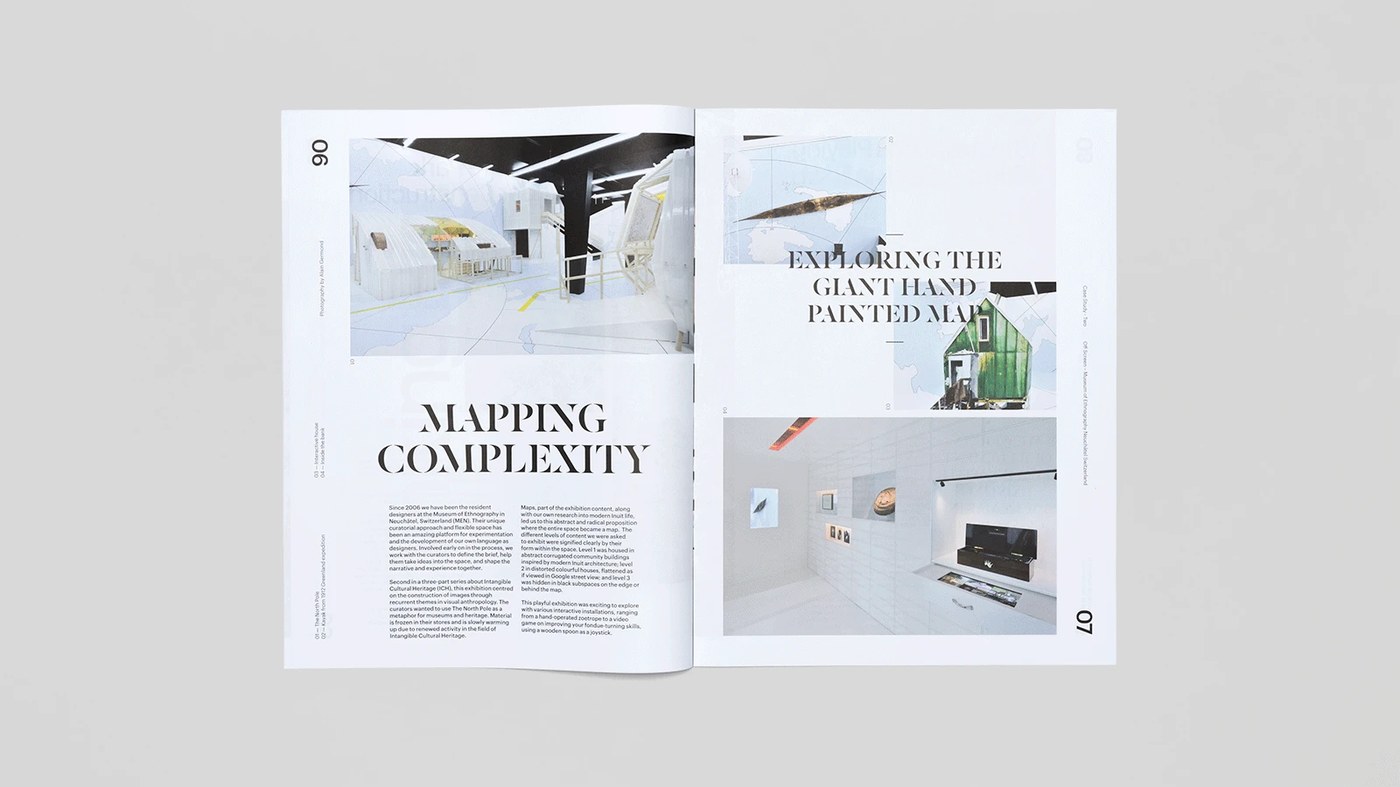 Trace Magazine editorial design spread documenting museum exhibition spaces