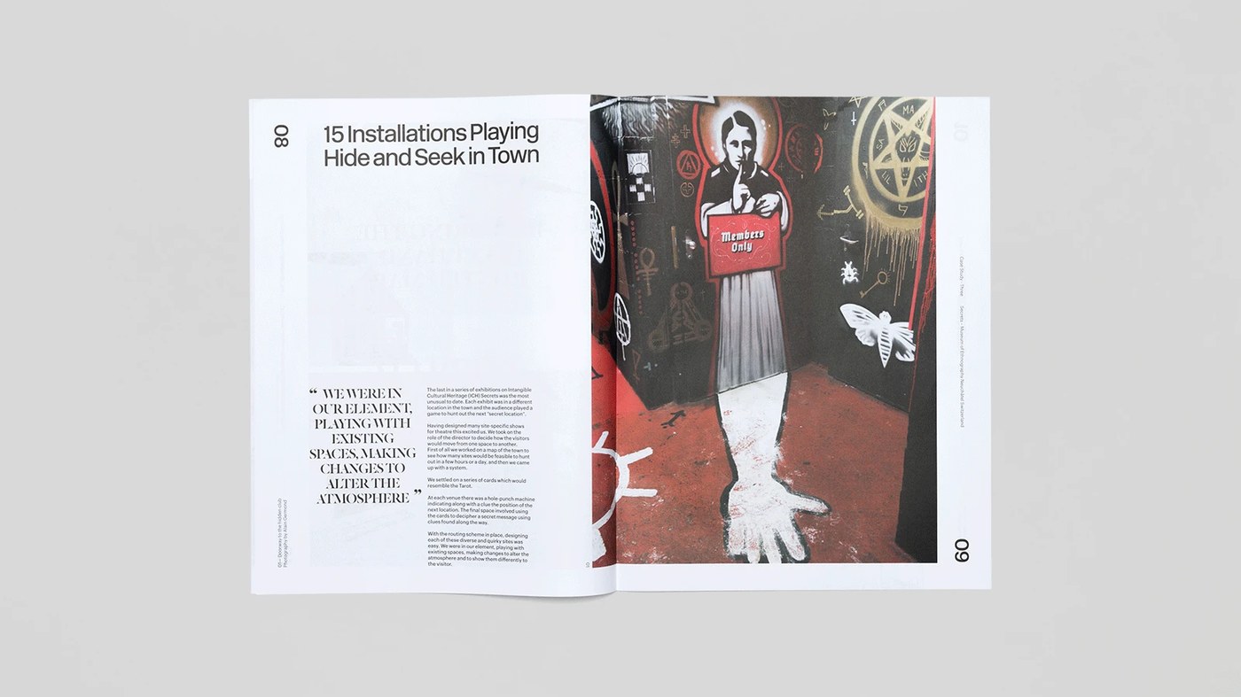 Trace Magazine editorial design layout with bold quote callout and installation photography