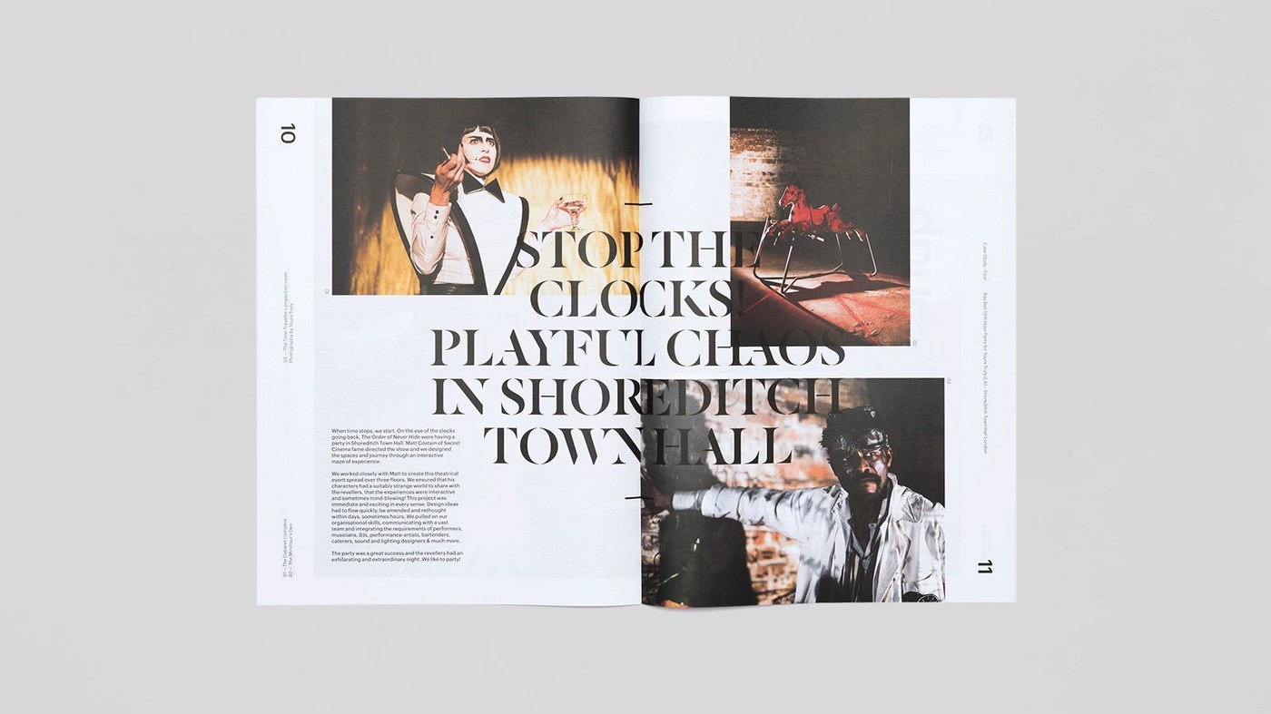 Trace Magazine editorial design spread displaying theatrical scenography in Shoreditch
