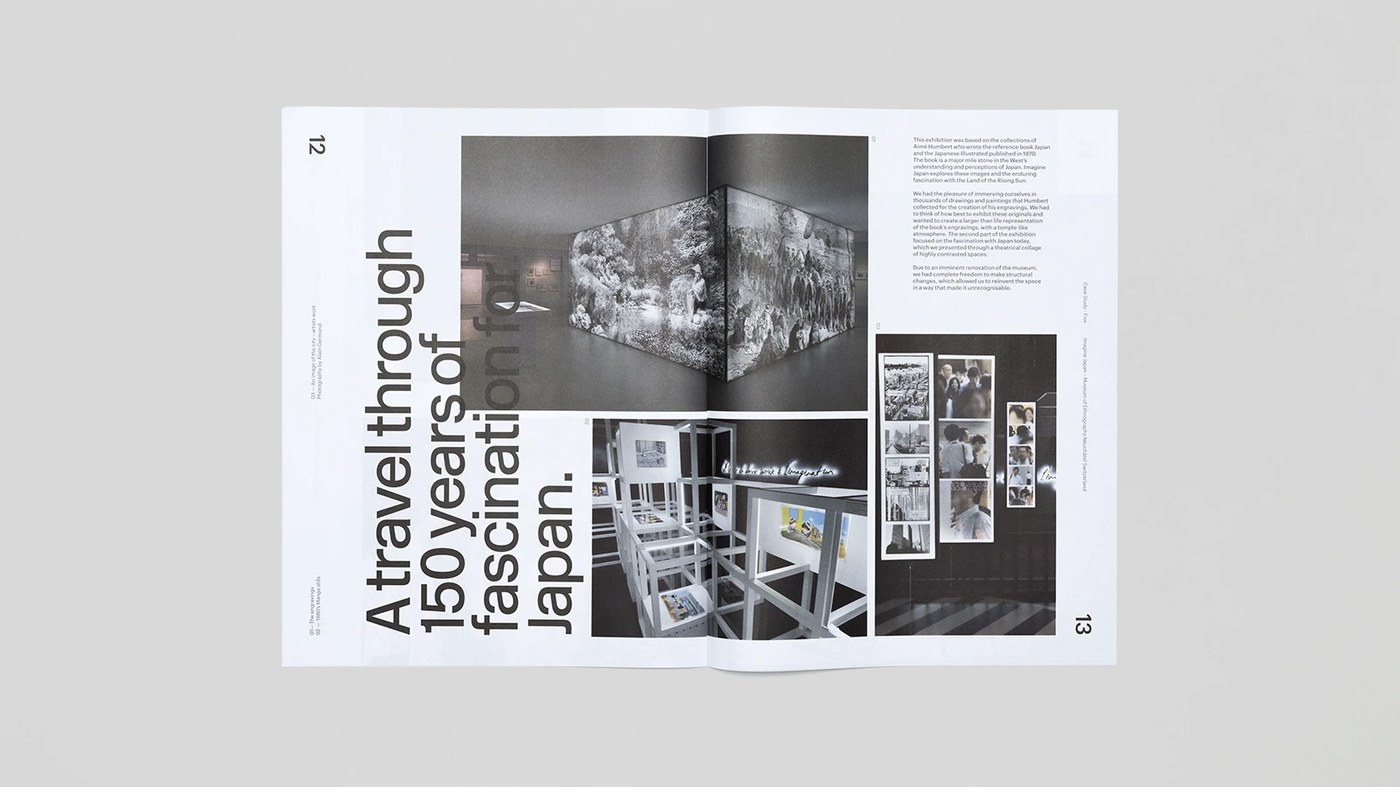 Trace Magazine editorial design Japanese exhibition spread with vertical typography