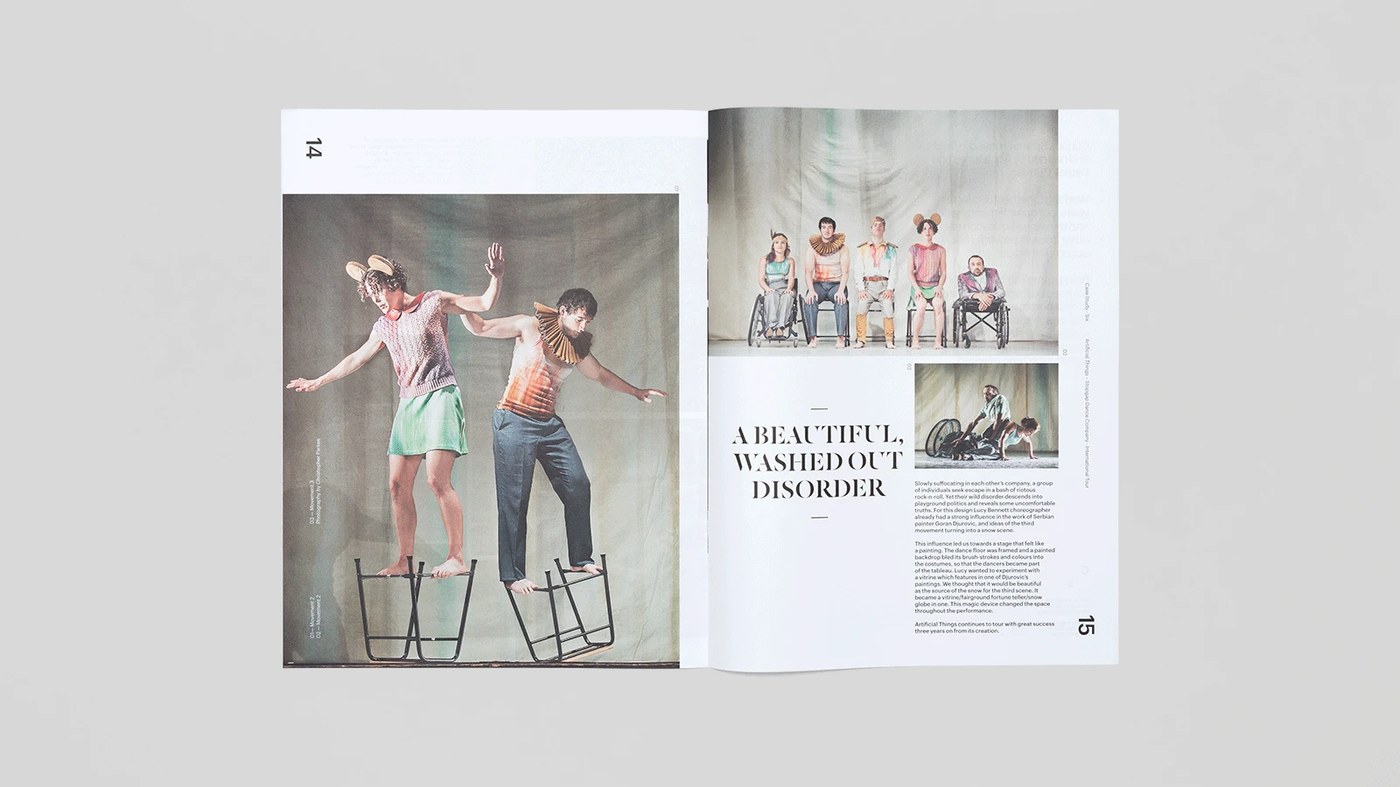 Trace Magazine editorial design spread documenting performance scenography