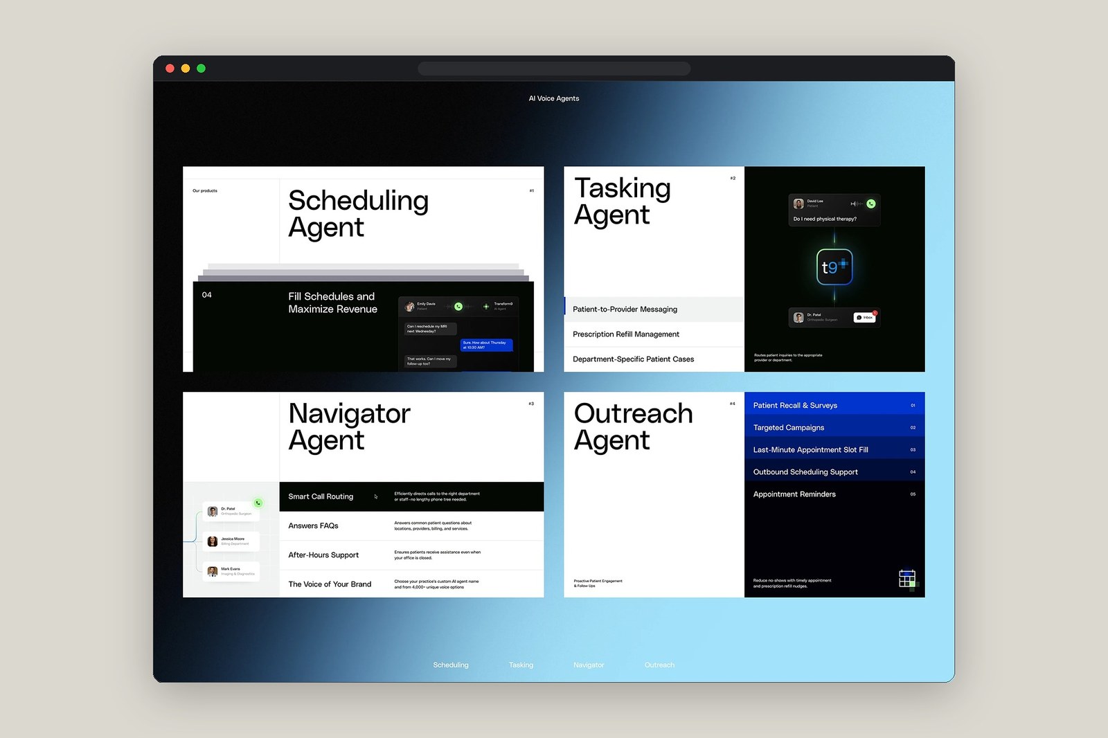 Transform9 desktop web design system overview showing Scheduling, Tasking, Navigator, and Outreach AI voice agent UI layout modules by tubik studio