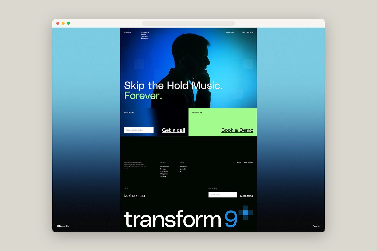 Transform9 desktop website landing page CTA section and footer typography by tubik studio