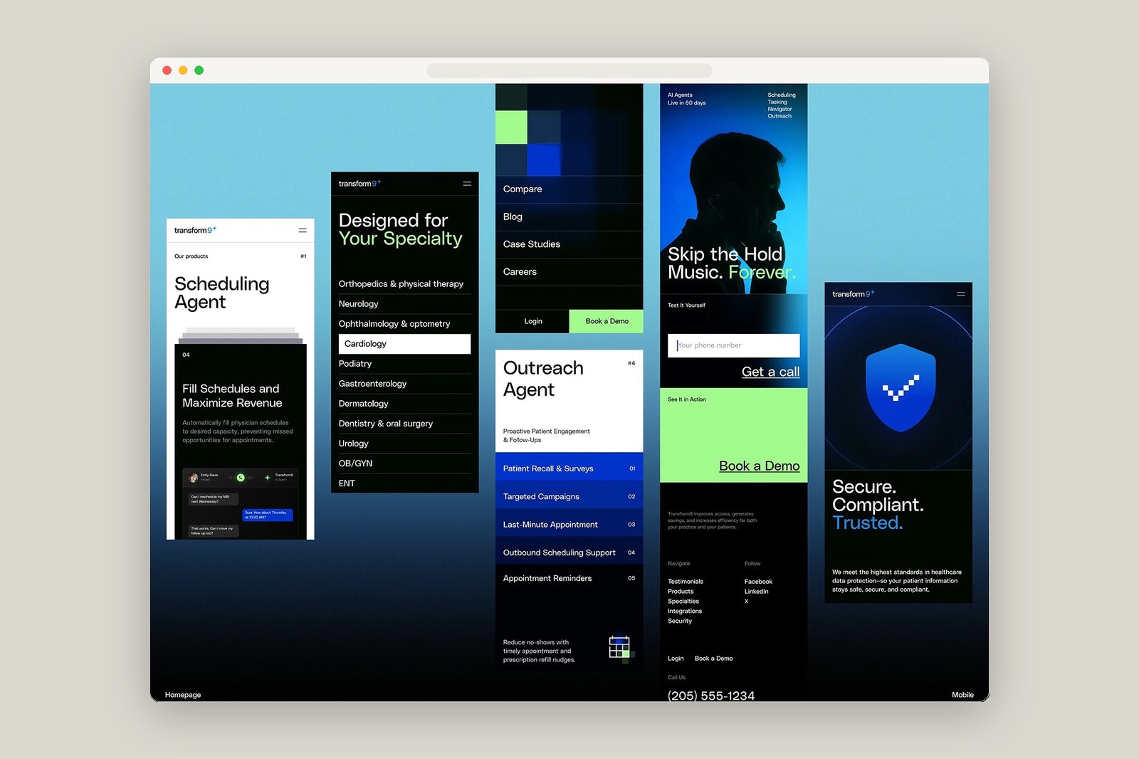 Transform9 responsive homepage and mobile screen web design layout with specialty navigation and outreach cards by tubik studio