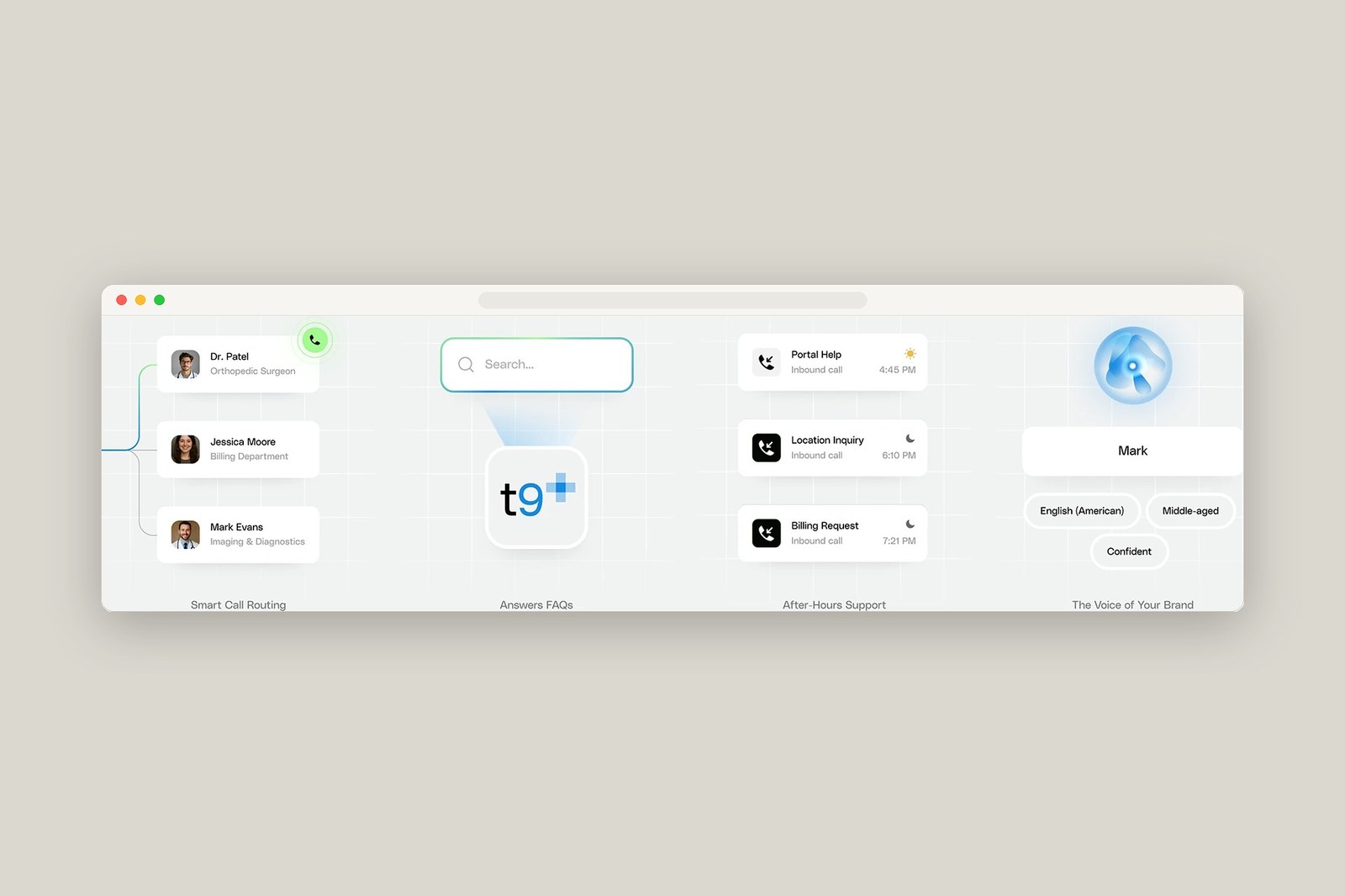 Transform9 light-mode UI component system showing Smart Call Routing tree, FAQ search bar, and voice orb by tubik studio