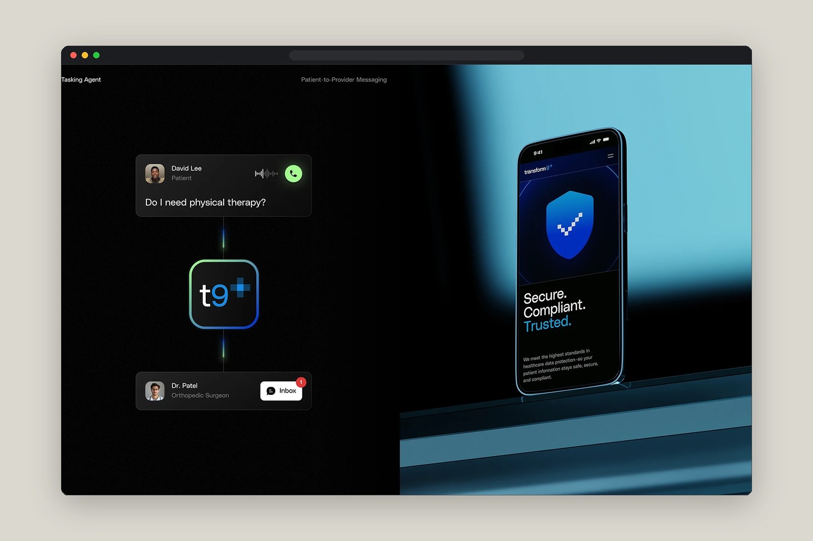 Transform9 dark-mode Tasking Agent patient messaging flow and mobile security screen by tubik studio