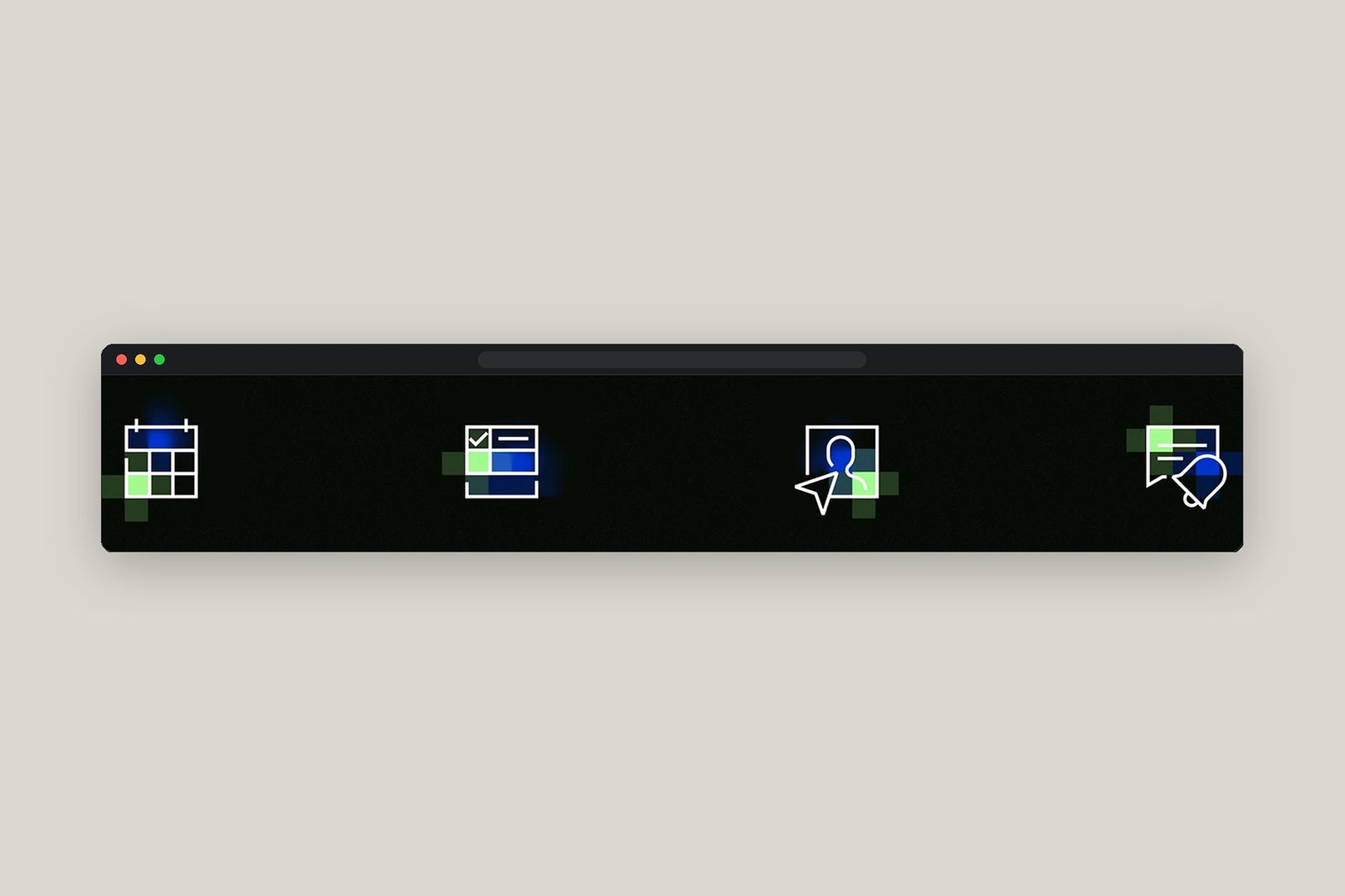 Transform9 custom white-line UI iconography with glowing green and blue pixel accents on dark background