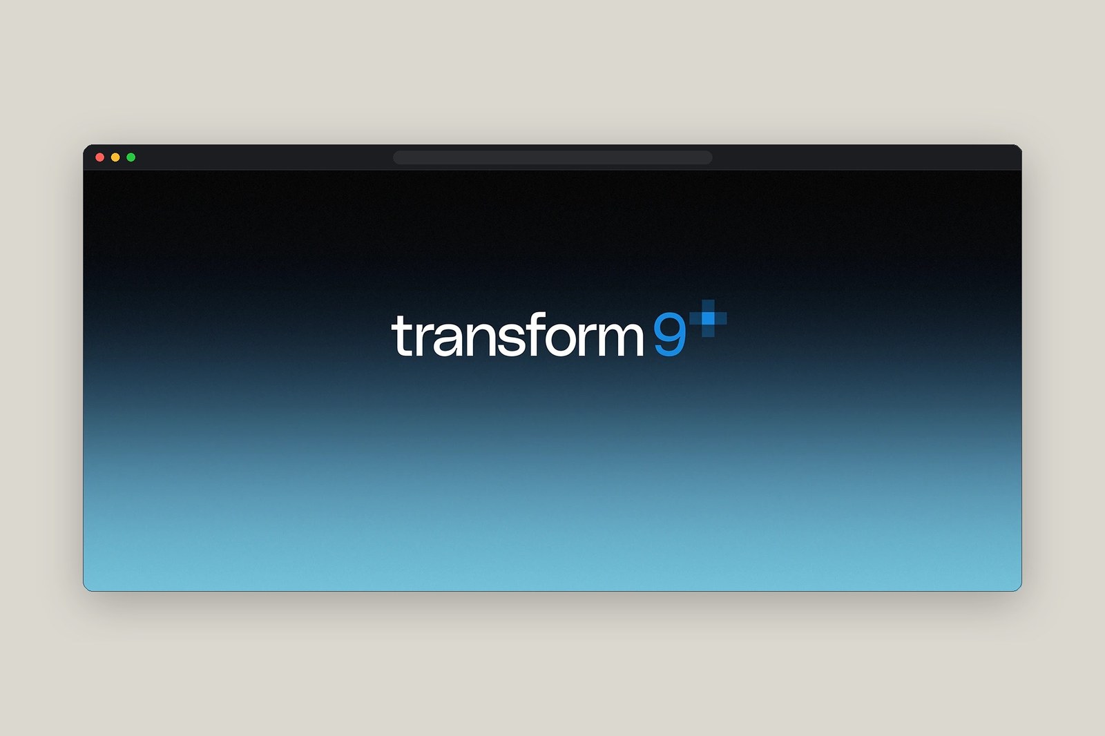 Transform9 lowercase geometric wordmark and pixelated medical cross logo on dark blue gradient by tubik studio