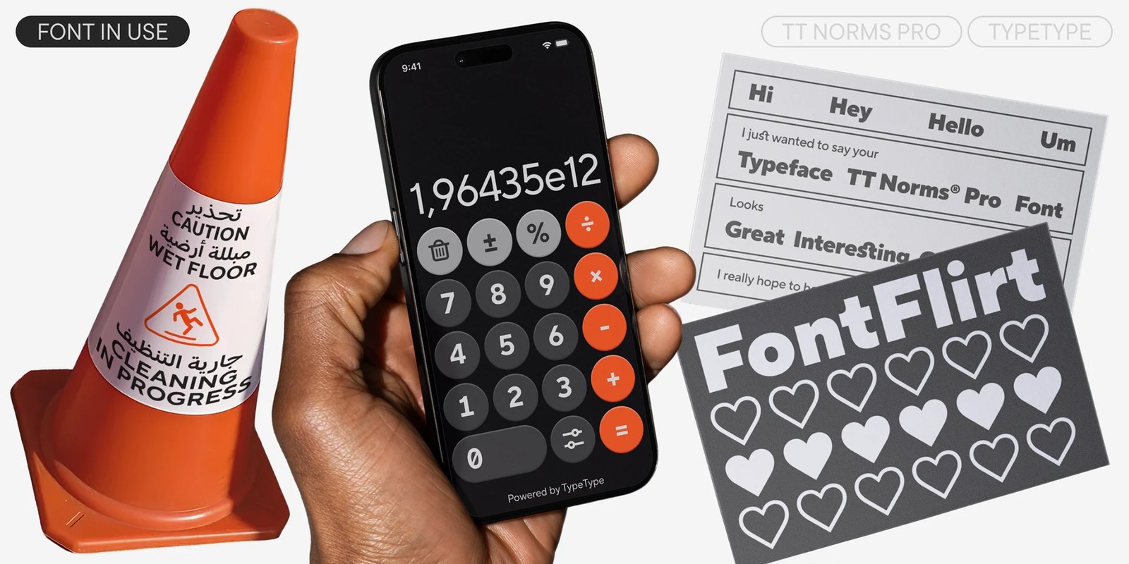 TT Norms Pro 4.100 type design in use across a dark-mode mobile calculator UI, bilingual Arabic safety cone, and FontFlirt cards by TypeType Foundry