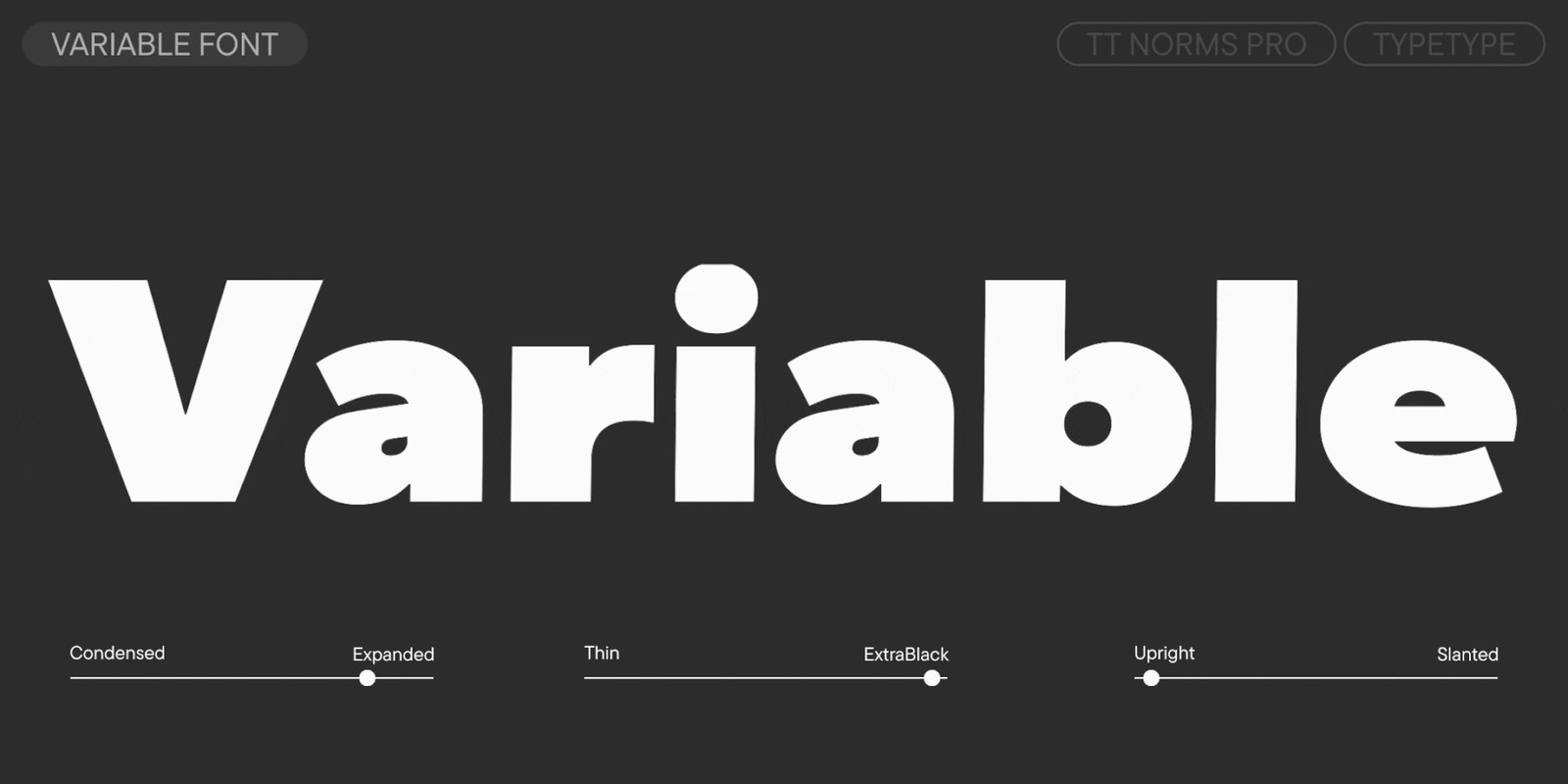 Animated variable font specimen interpolating TT Norms Pro across width, weight, and slant axes