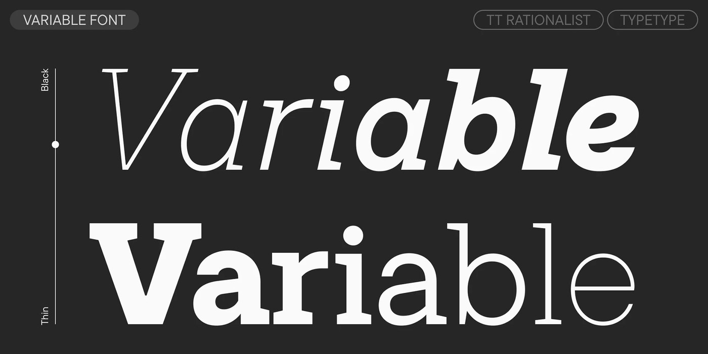 Variable font axis diagram demonstrating continuous weight interpolation from Thin to Black in TT Rationalist typography