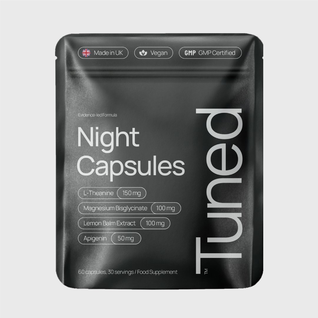Minimalist frontal view of Tuned Night Capsules packaging pouch