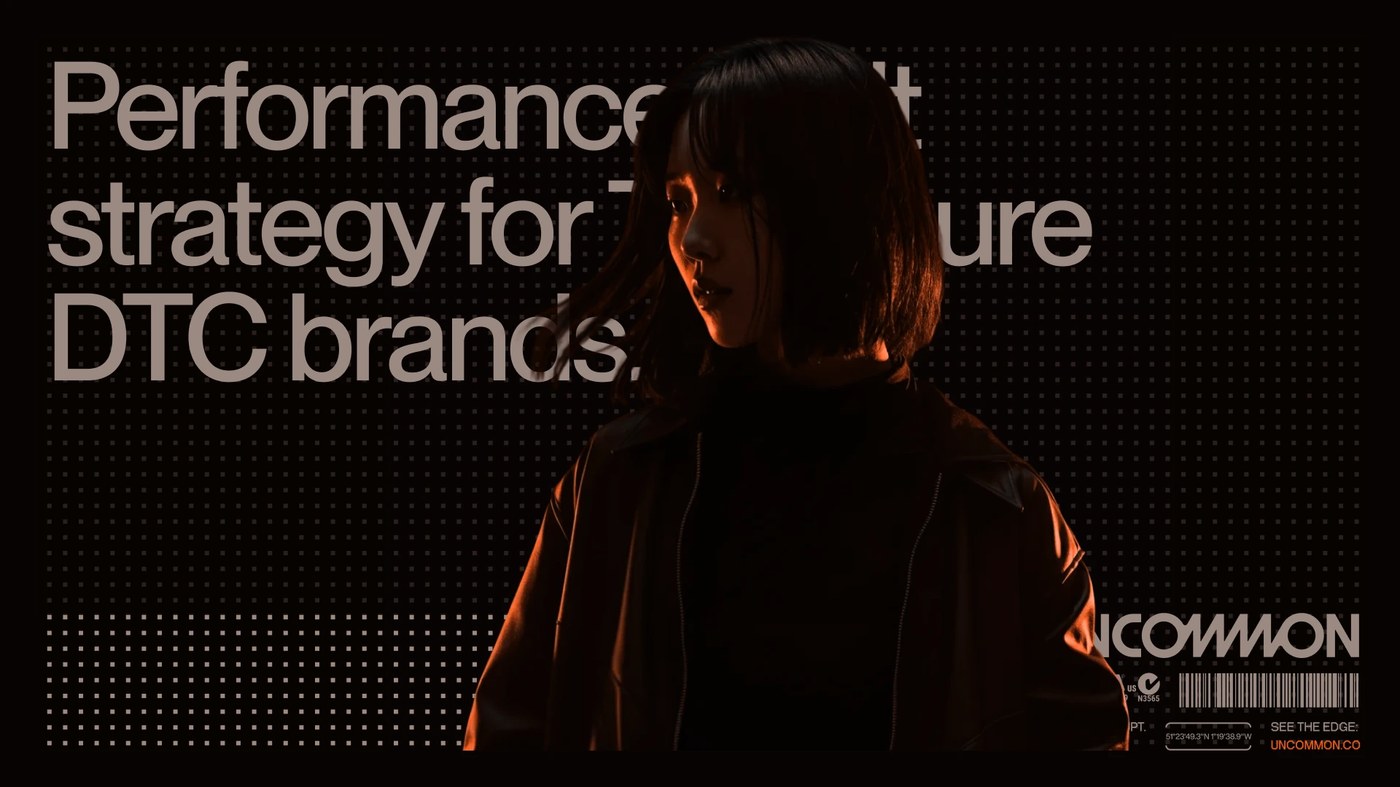 Uncommon brand identity dramatic editorial lighting portrait with orange rim light and dot matrix grid