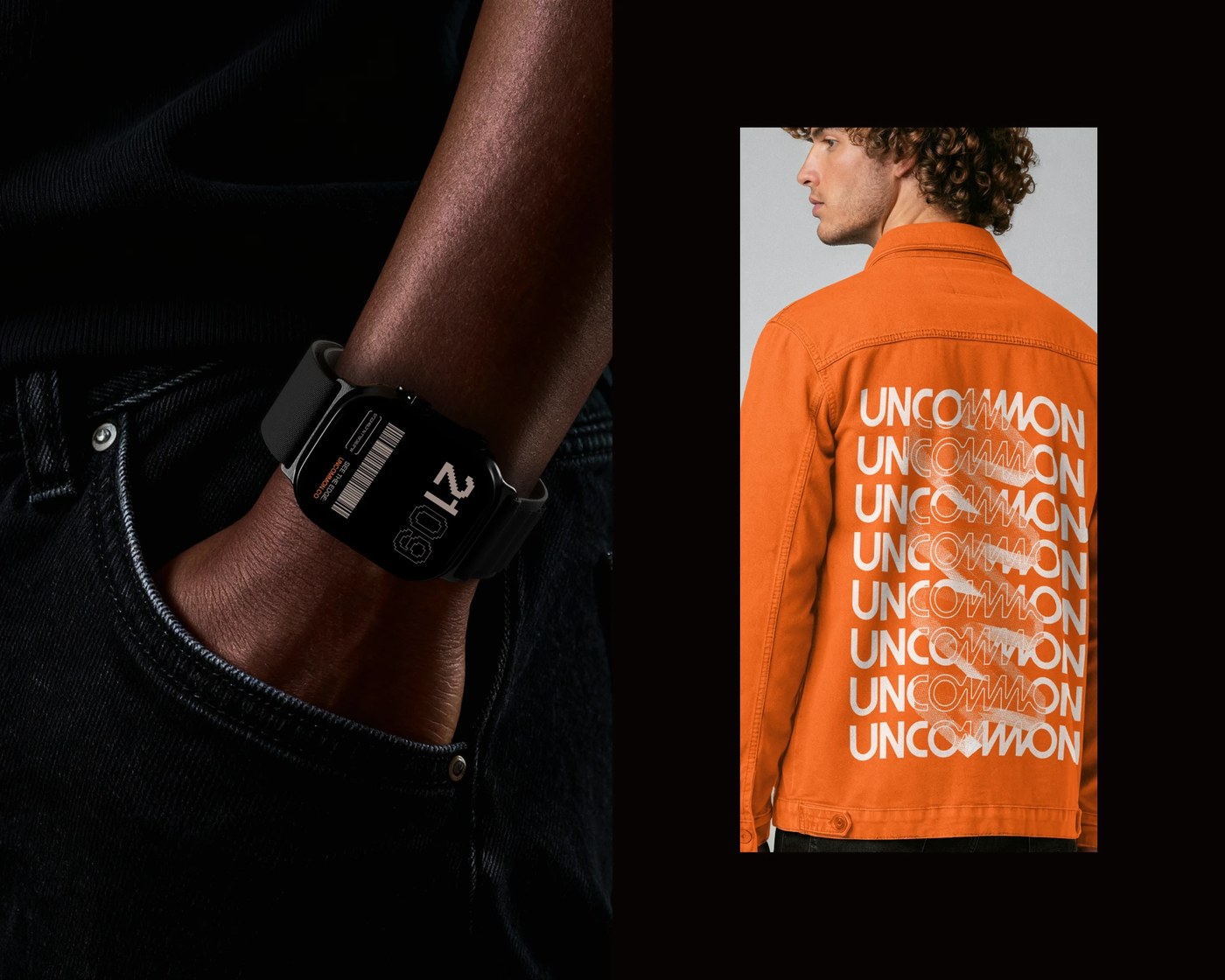 Uncommon brand identity Apple Watch NeueBit pixel font face and orange chore jacket screenprint