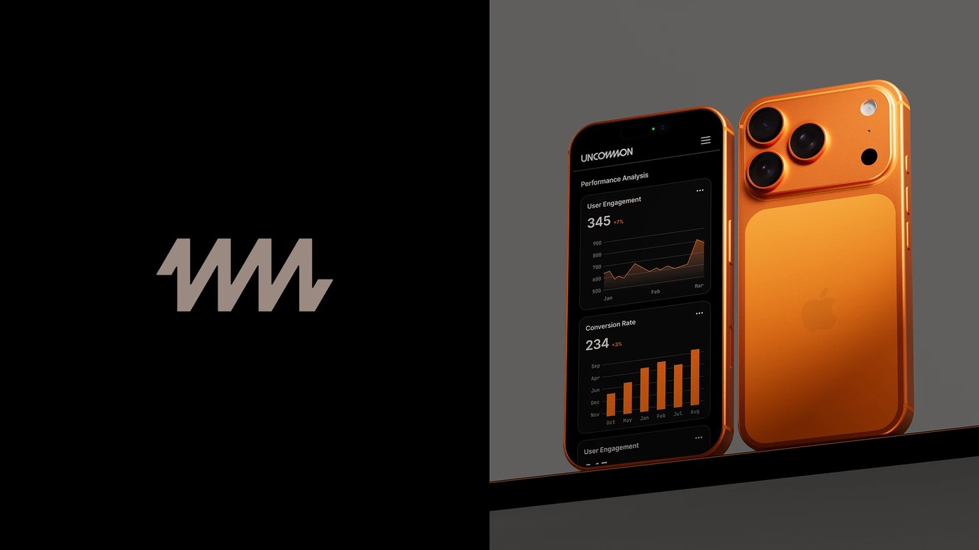 Uncommon brand identity zigzag monogram on black panel beside anodized orange hardware device