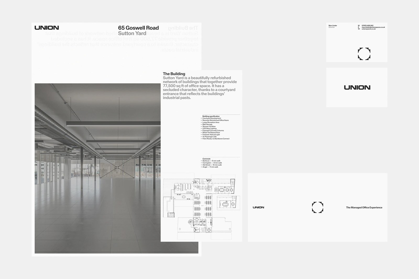 Union visual identity stationery suite and 65 Goswell Road Sutton Yard architectural leasing sheet by Two Times Elliott