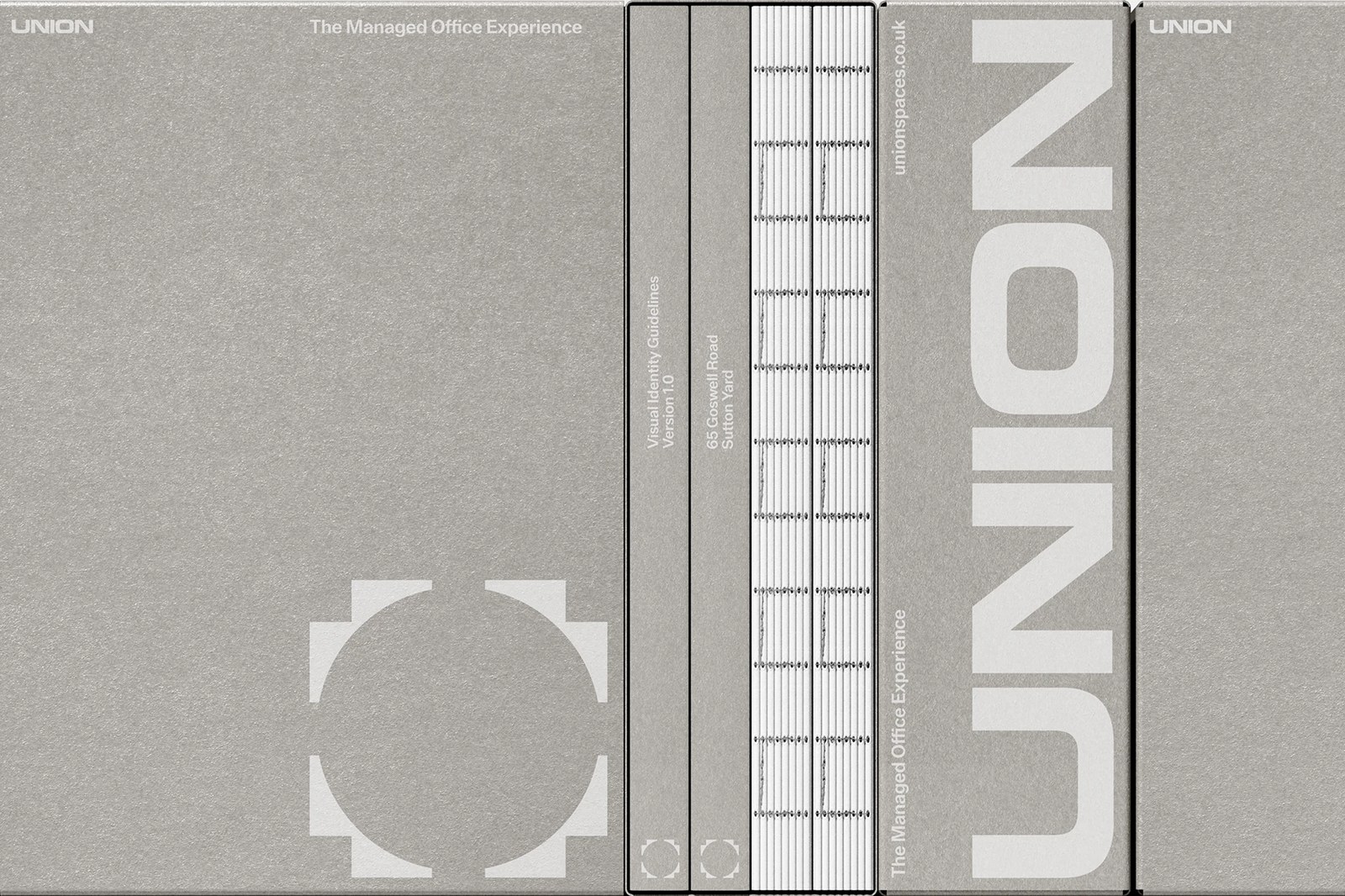 Union visual identity guidelines and 65 Goswell Road Sutton Yard exposed-spine greyboard books by Two Times Elliott