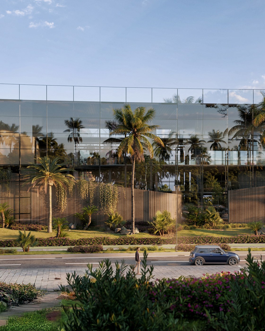 3d architecture rendering cgi visual art detailing the concrete textures and pine tree shadows in UTAMED