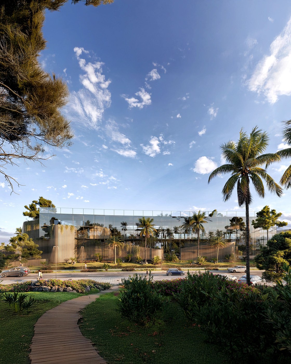 3d architecture rendering cgi visual art of the UTAMED villa surrounded by trees under a soft sky