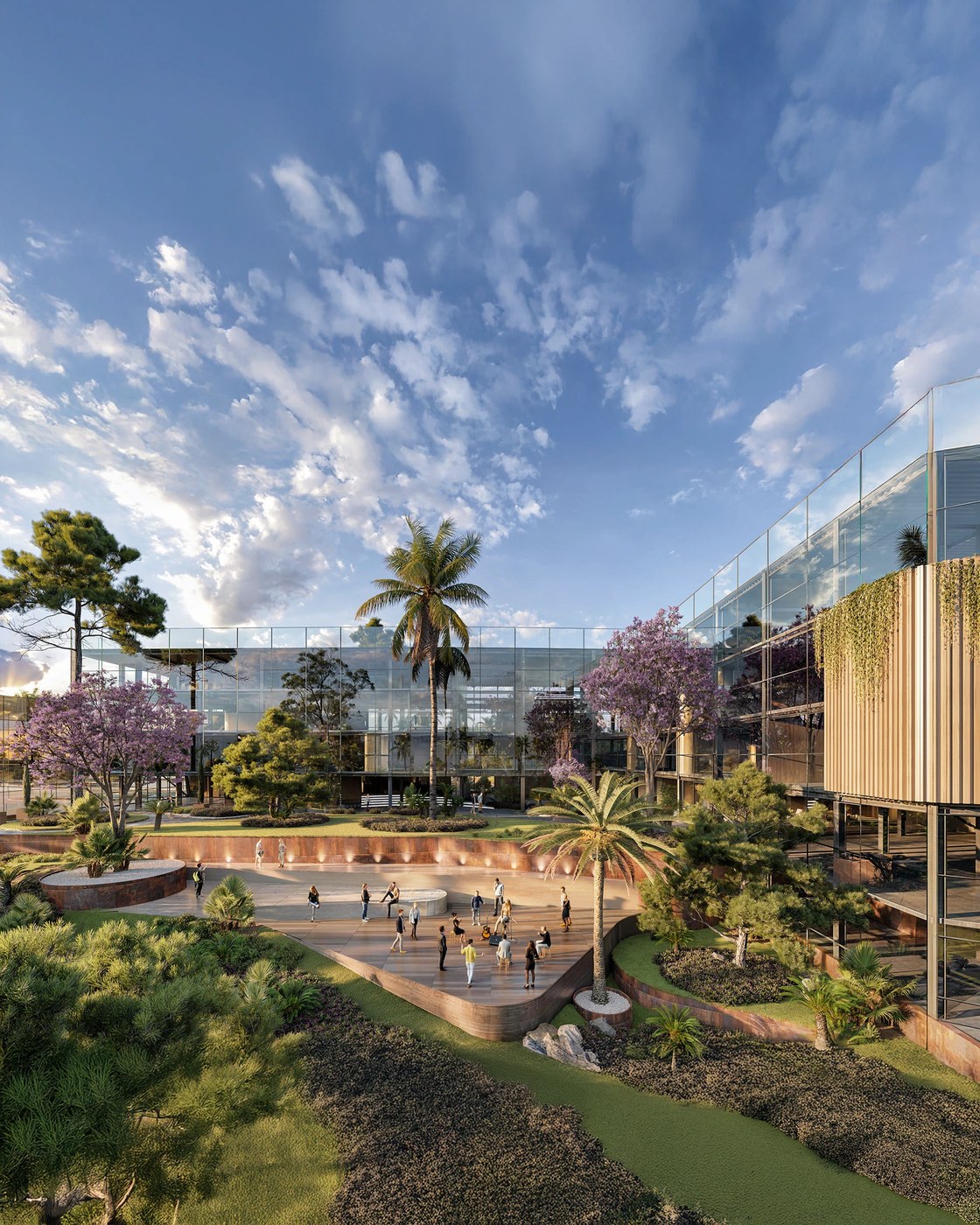 3d architecture rendering cgi visual art showcasing the raw concrete facade and forest integration