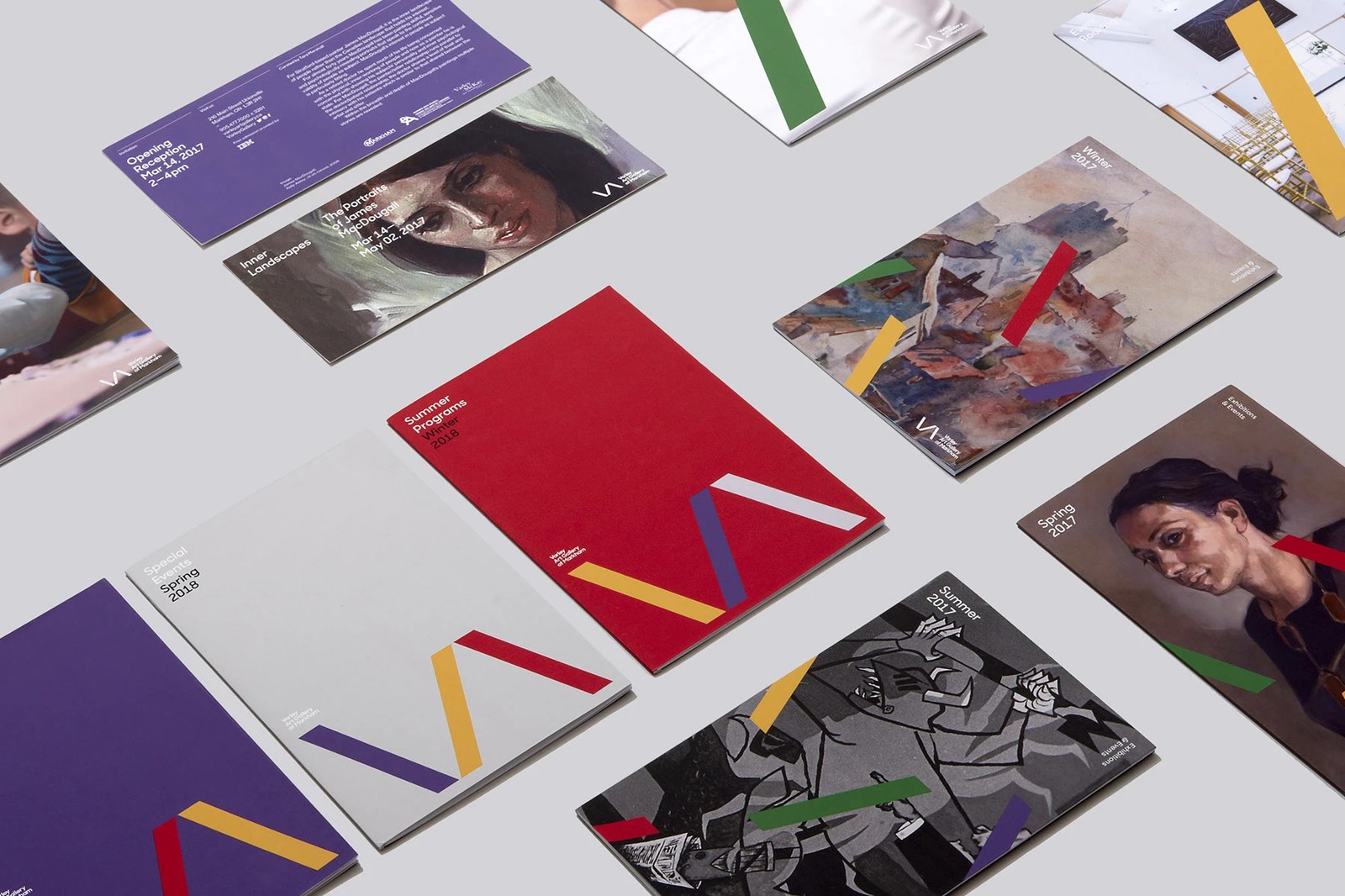 Varley Art Gallery branding and design system overview in a stationery flat lay of seasonal print collateral, color palette, logo wordmark, and typography by Underline Studio