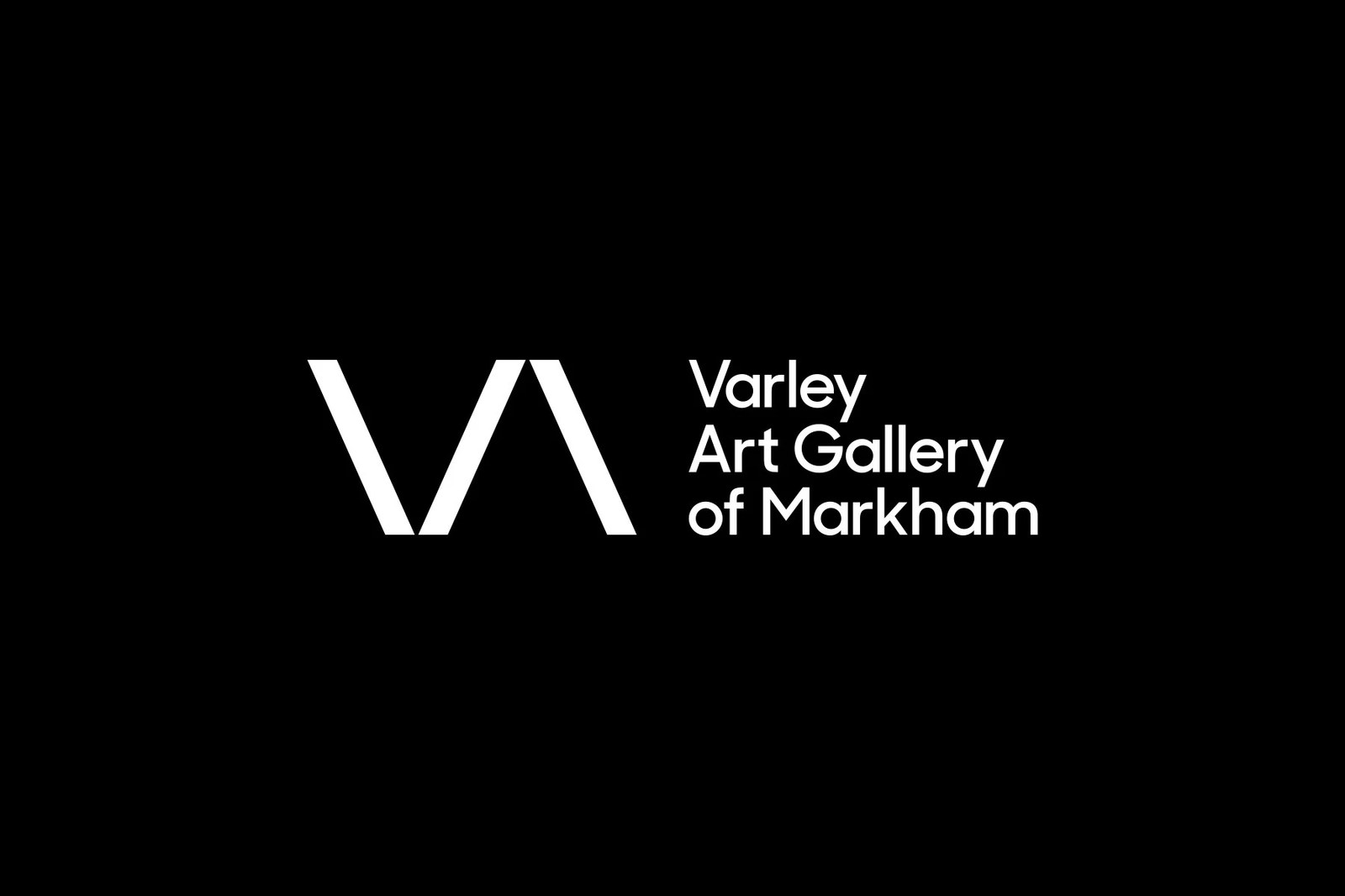 Varley Art Gallery of Markham white VA geometric logo wordmark and sans-serif typography on a solid black ground