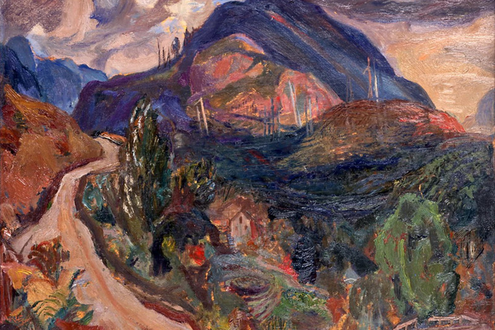 Group of Seven oil painting from the Varley Art Gallery collection inspiring the brand print palette
