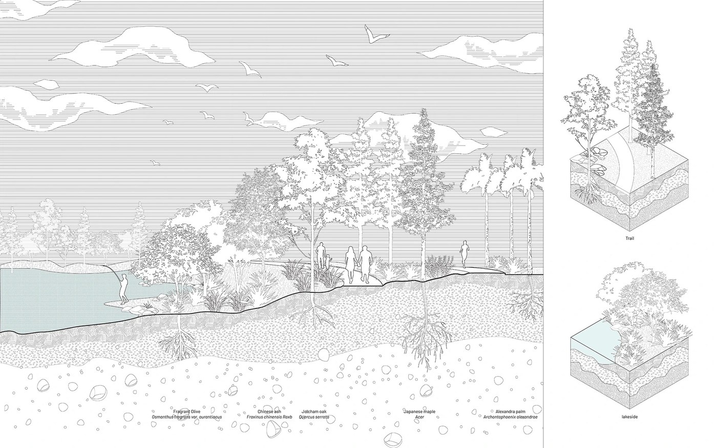 Esquema de elementos del paquete de activos gráficos de ilustración de paisaje vectorial